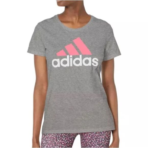Adidas Women's Badge of Sport Logo Cotton T-Shirt Medium Grey Heather/Red, Top - Picture 6 of 10